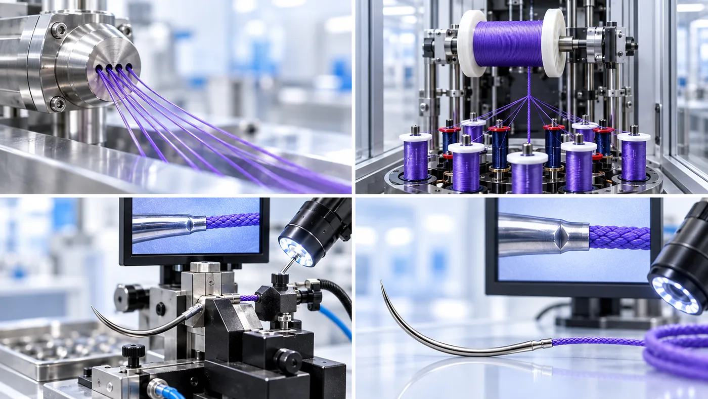 Surgical suture manufacturing: violet polymer filaments extruded through a spinneret, braided onto spools, and swaged to a needle under microscope inspection.
