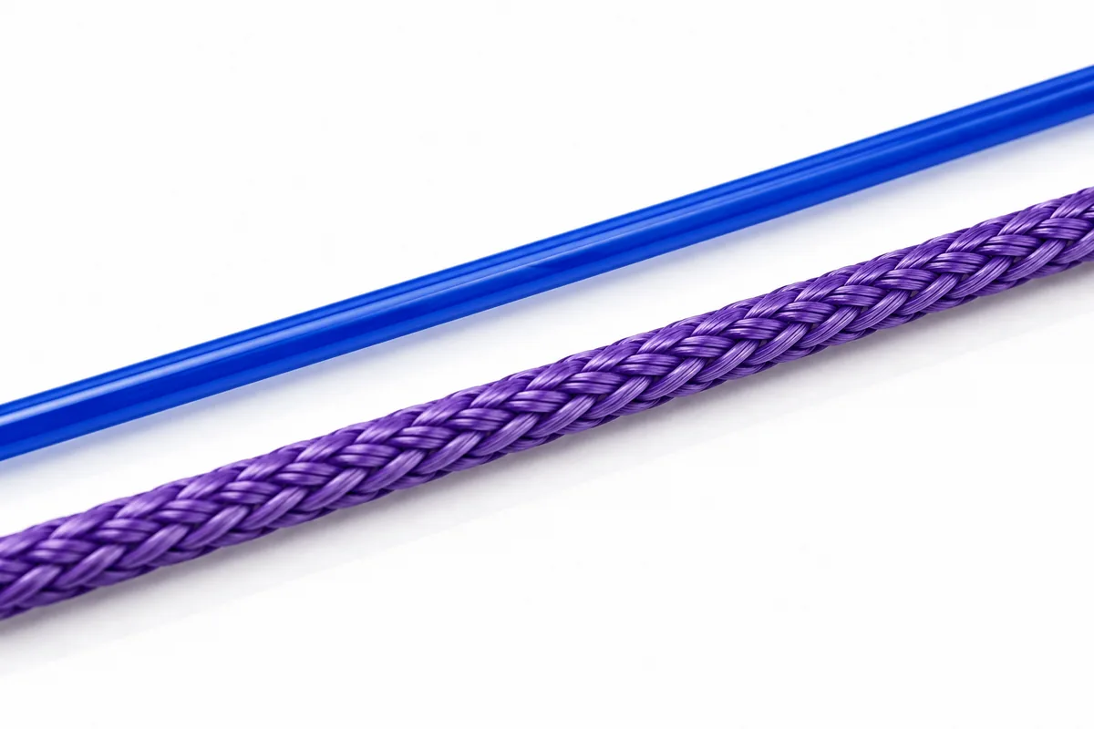 A smooth monofilament suture beside a braided multifilament suture, showing the difference in surface construction.