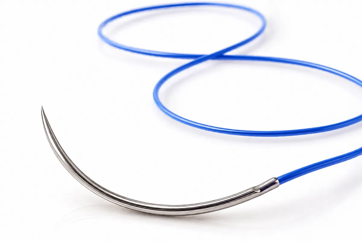 A blue polypropylene monofilament suture in loose coils with its curved needle.