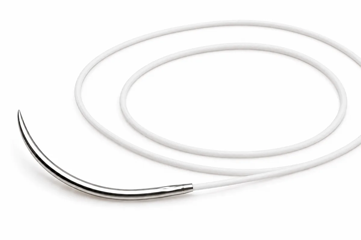 A white PTFE monofilament suture in loose coils with its curved needle.