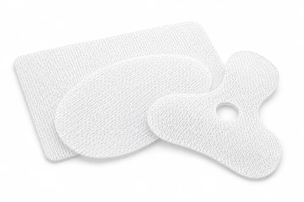 Three sheets of knitted surgical mesh in different preformed shapes: a rectangle, an oval and a contoured shape.