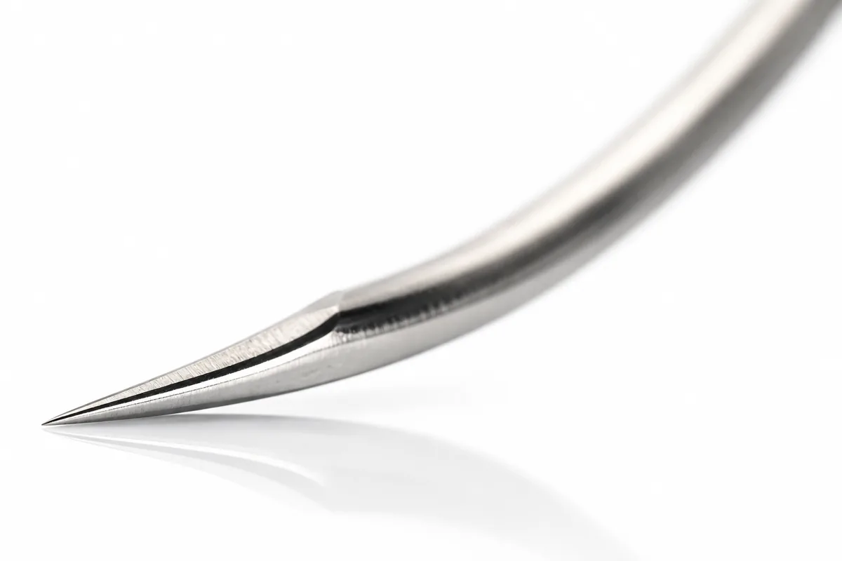 Extreme close-up of the point of a curved surgical needle, showing the taper of the tip.