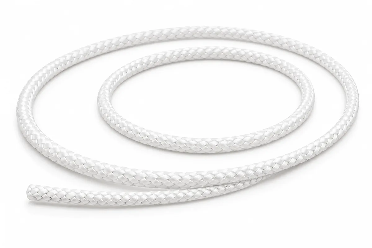 A white braided UHMWPE suture in loose coils.